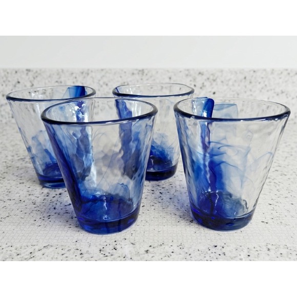 Bormioli Rocco 12 oz Italy Murano Cobalt Blue Swirl Textured Glasses Set of 4 - Picture 4 of 8